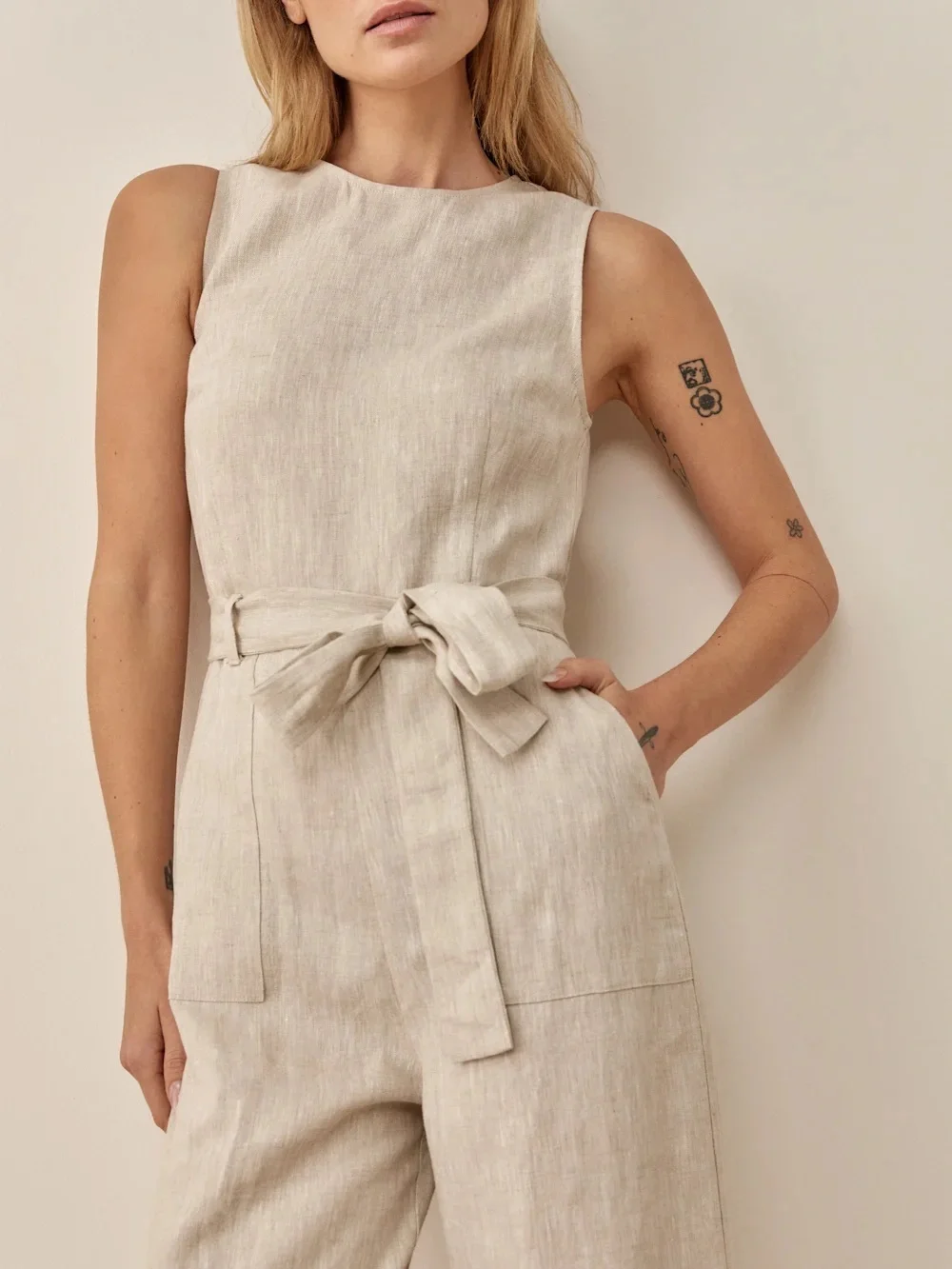 Reformation Naomi Linen Tan Belted Jumpsuit 6 Petite